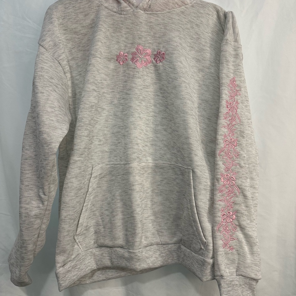 Gray Hoodie with Pink Floral Embroidery